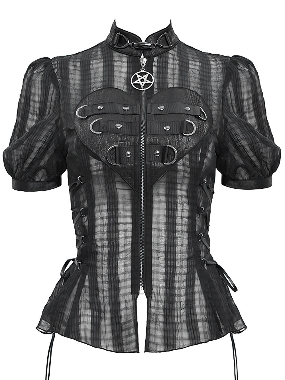 Gothic sheer black lace-up blouse with heart buckle and pentagram detail, perfect for alternative fashion enthusiasts.