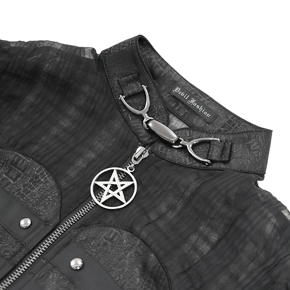 Gothic sheer black blouse with heart buckle and pentagram charm, featuring unique lace-up design.