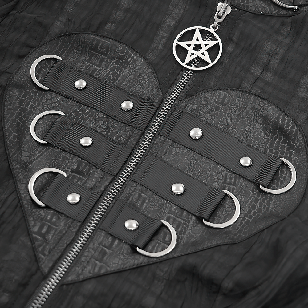 Close-up of gothic sheer black blouse with heart buckle, pentagram charm, and lace-up detail for a punk style.