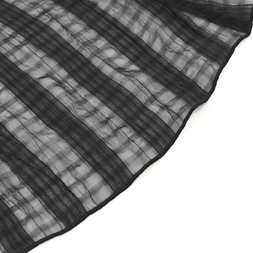 Sheer black fabric with vertical stripes, perfect for a gothic lace-up blouse in alternative fashion.