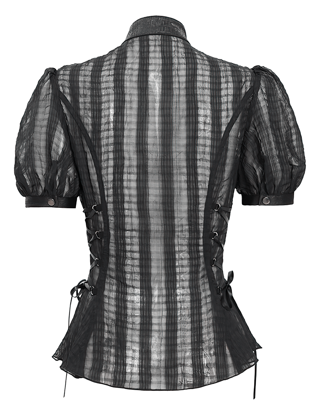 Back view of Gothic sheer black blouse with lace-up sides and puff sleeves, featuring vertical stripe texture for edgy style.