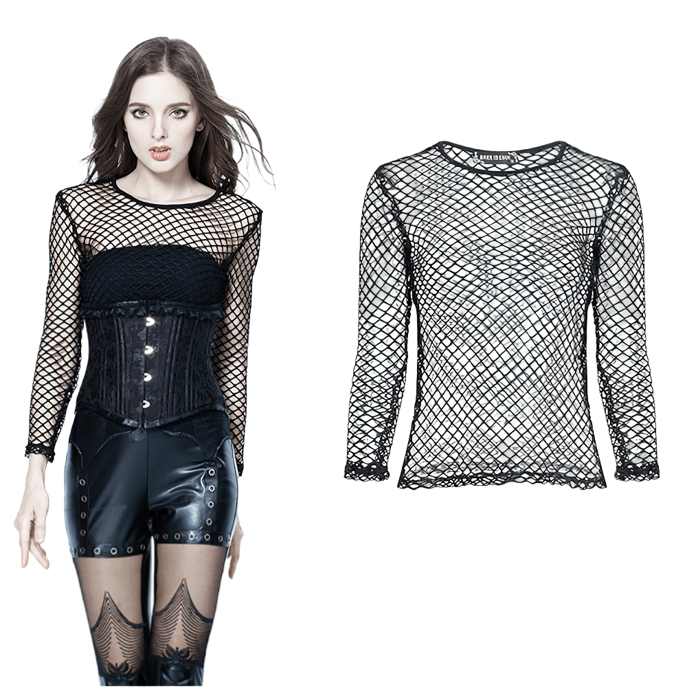 Gothic sheer long sleeve mesh top in black, perfect for dark fashion lovers with a punk rock vibe.