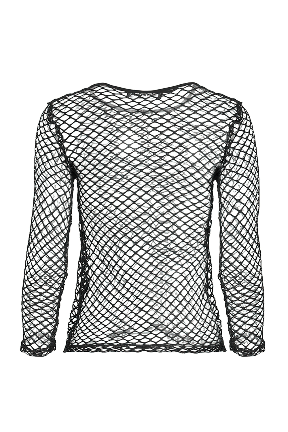 Gothic sheer long sleeve mesh top featuring a dramatic fishnet design - perfect for dark fashion enthusiasts.