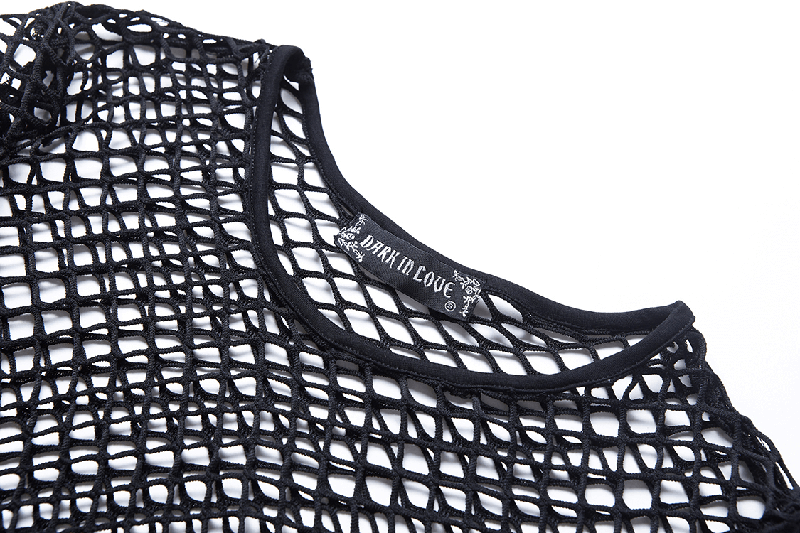 Gothic sheer black mesh top with lace detailing, perfect for dark fashion lovers and edgy style enthusiasts.