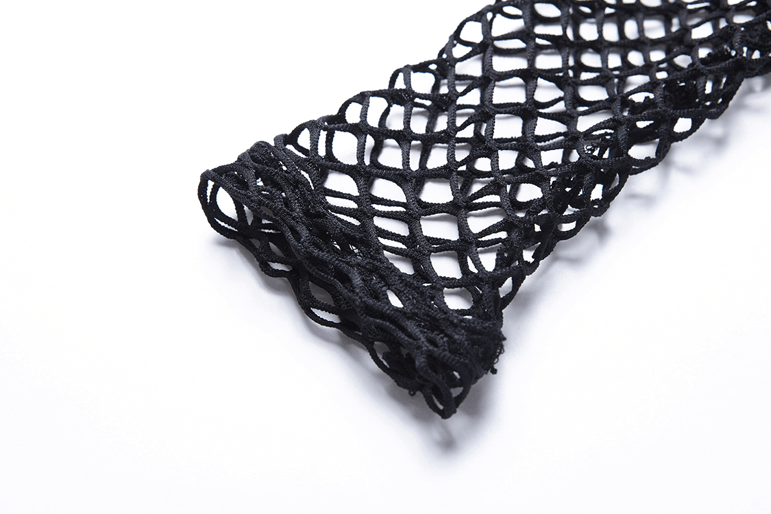 Black mesh lace sleeve detail for a gothic fashion look, perfect for adding edgy style to your outfit.