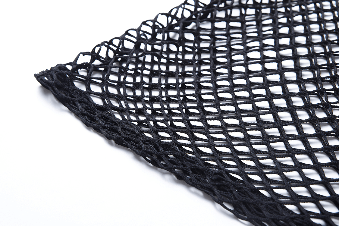 Black mesh fabric with wide netting, perfect for gothic and punk fashion styles.