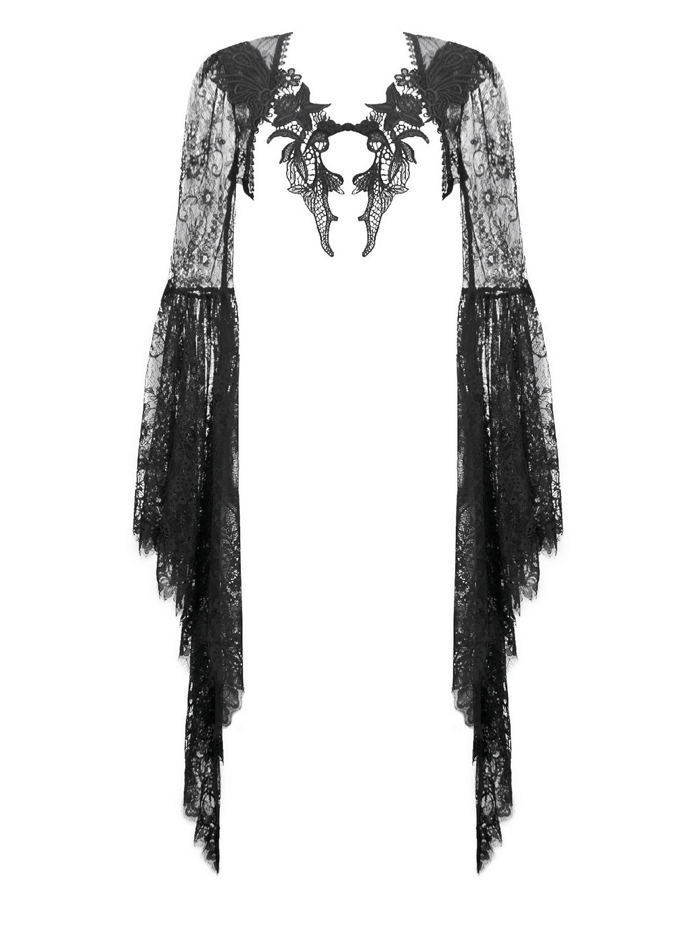 Gothic Sheer Lace Shrug with Dramatic Long Sleeves featuring intricate embroidery and flared sleeves.