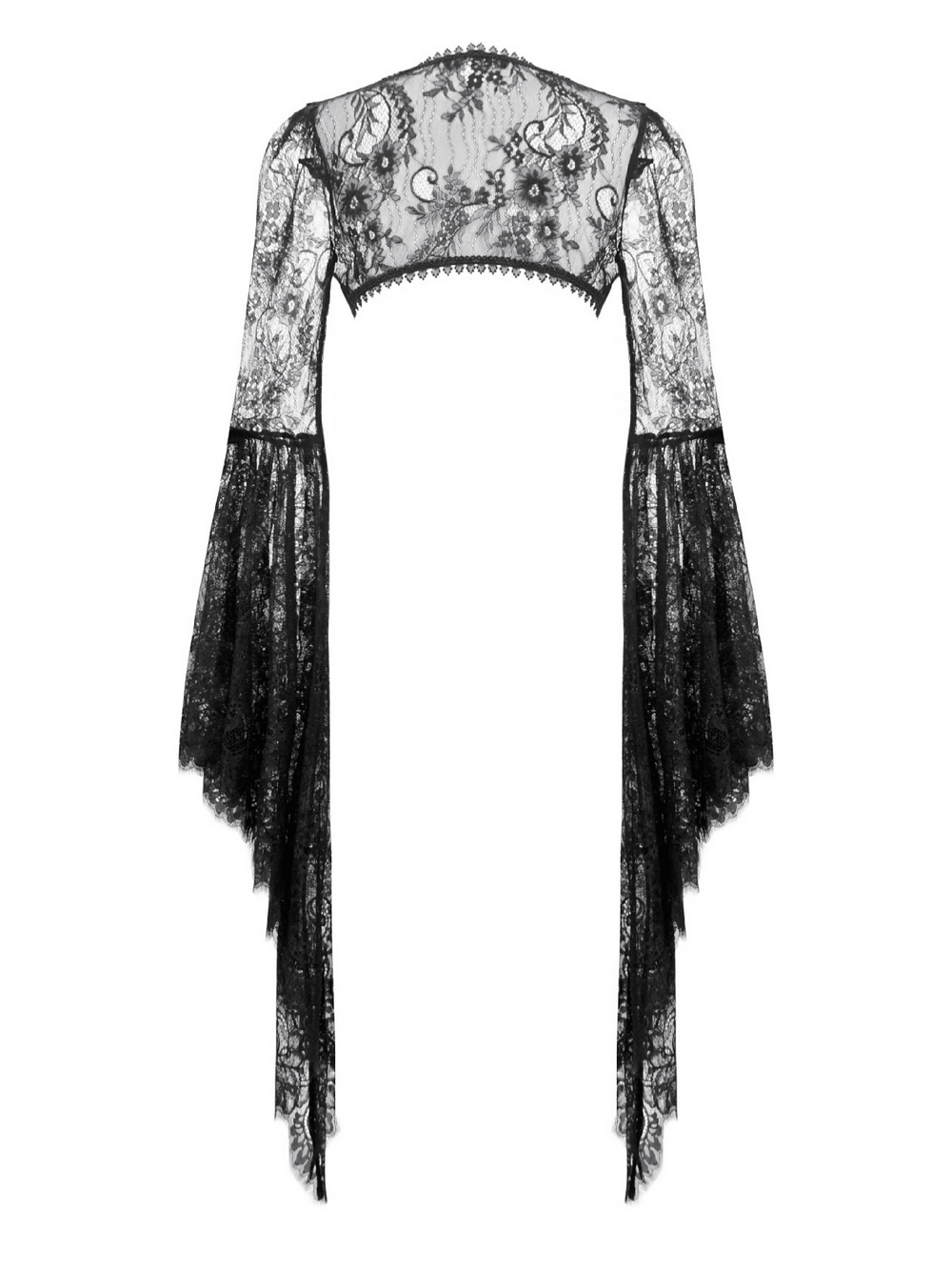 Gothic Sheer Lace Shrug with Dramatic Long Sleeves showcasing intricate black floral lace and flared drape sleeves.