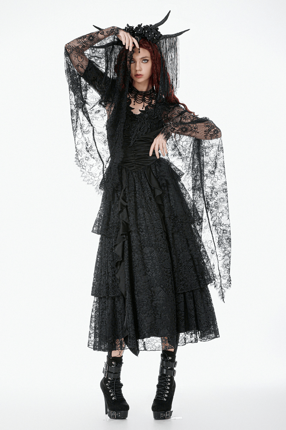 Gothic Sheer Lace Shrug with Dramatic Long Sleeves worn by a model featuring intricate lace details and a dark Victorian style.