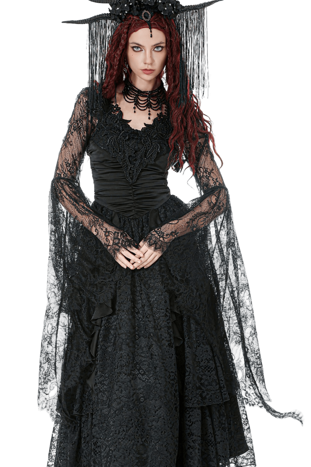 Gothic Sheer Lace Shrug with Dramatic Long Sleeves worn over a black Victorian dress with flared lace sleeves.