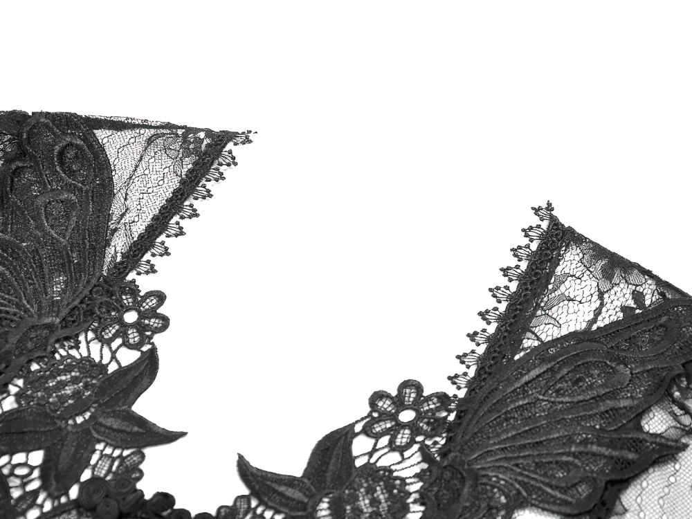 Gothic Sheer Lace Shrug with Dramatic Long Sleeves showcasing intricate floral embroidery and scalloped trim.