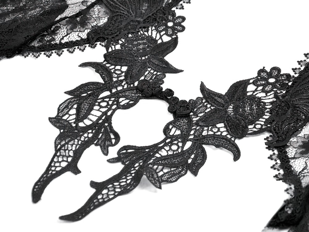 Gothic Sheer Lace Shrug with Dramatic Long Sleeves featuring intricate floral embroidery in black lace.