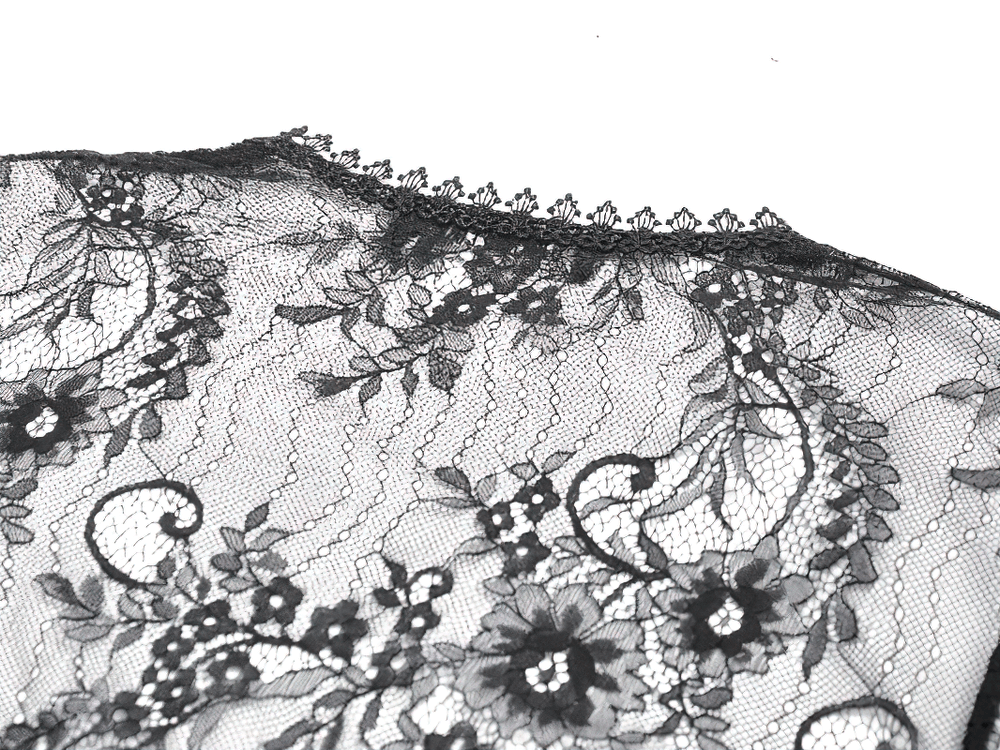 Gothic Sheer Lace Shrug with Dramatic Long Sleeves showcases intricate floral black lace detail.