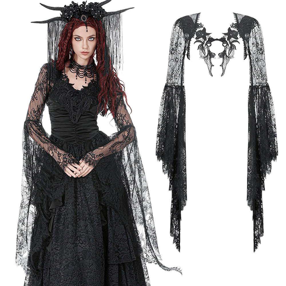 Gothic Sheer Lace Shrug with Dramatic Long Sleeves featuring intricate embroidery and flared drape sleeves. Perfect for a dark fashion aesthetic.