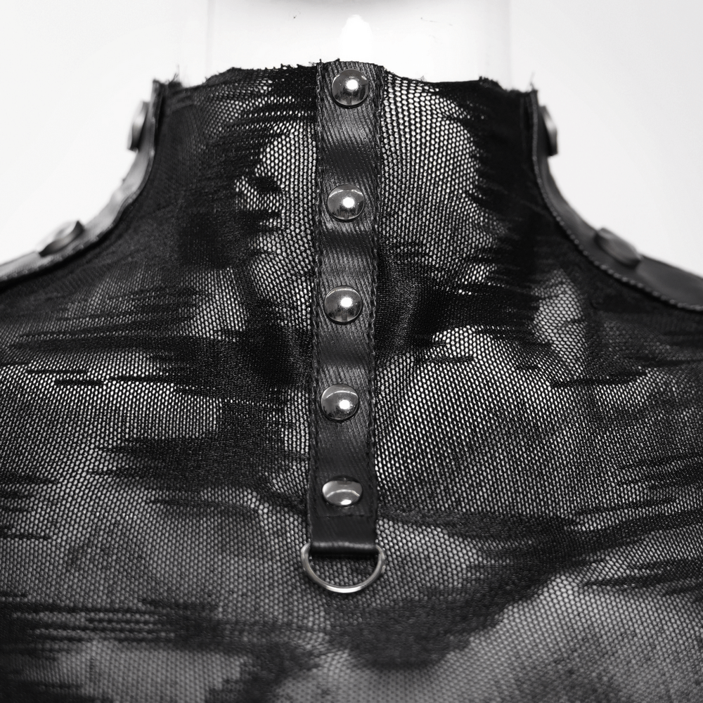 Close-up of gothic sheer mesh top with studded collar and unique tie-dye pattern, perfect for edgy streetwear.