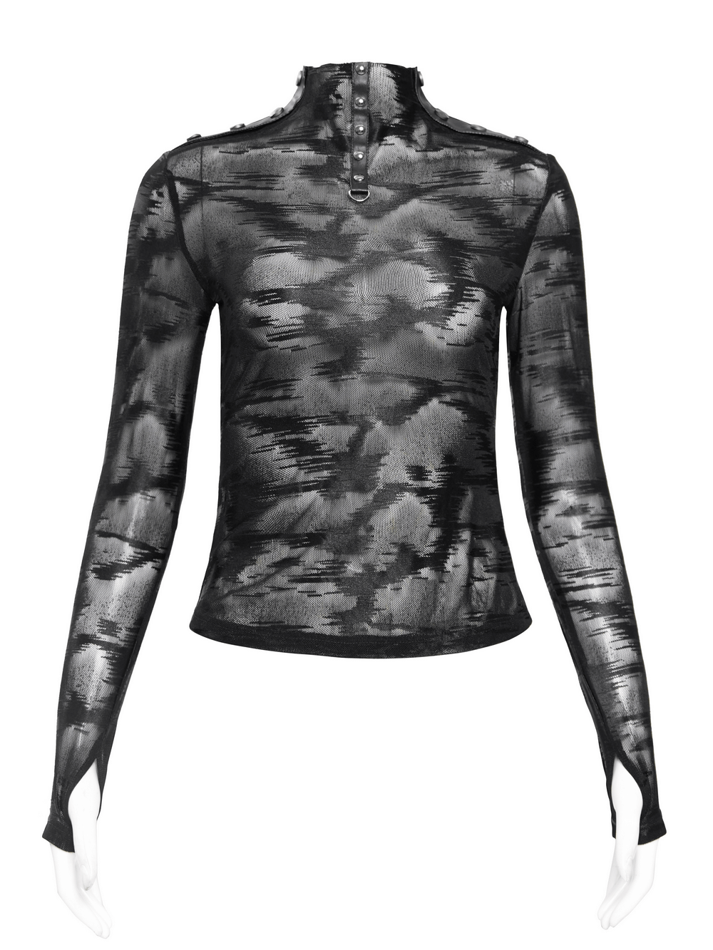 Gothic sheer long sleeve mesh top with studded collar, perfect for edgy punk streetwear and layering.