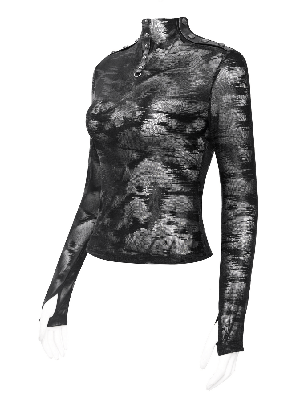 Gothic sheer long sleeve mesh top with studded collar in black tie-dye, perfect for edgy streetwear and layering.