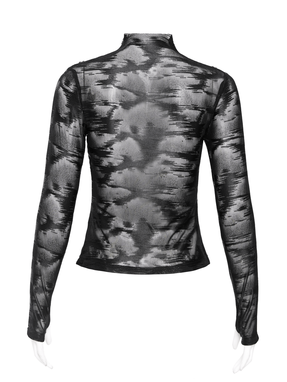 Back view of gothic sheer long sleeve mesh top with edgy tie-dye effect and studded collar for punk fashion.