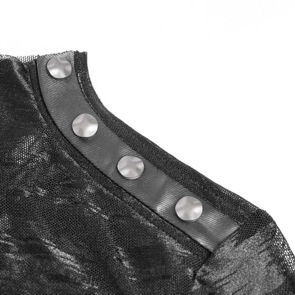 Close-up of gothic sheer mesh top showcasing the studded collar and button details for punk streetwear style.