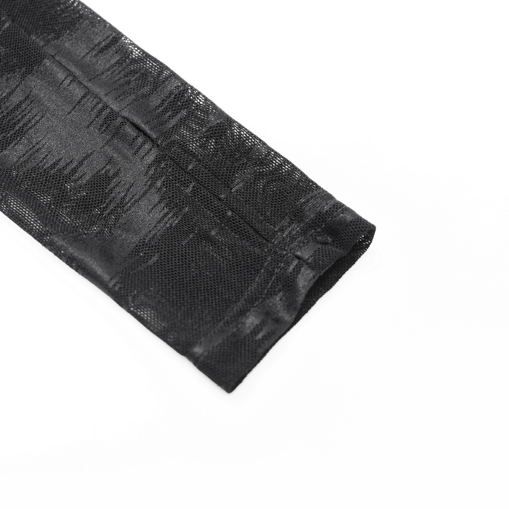 Close-up of the long sleeve of a gothic sheer black mesh shirt with a textured design.