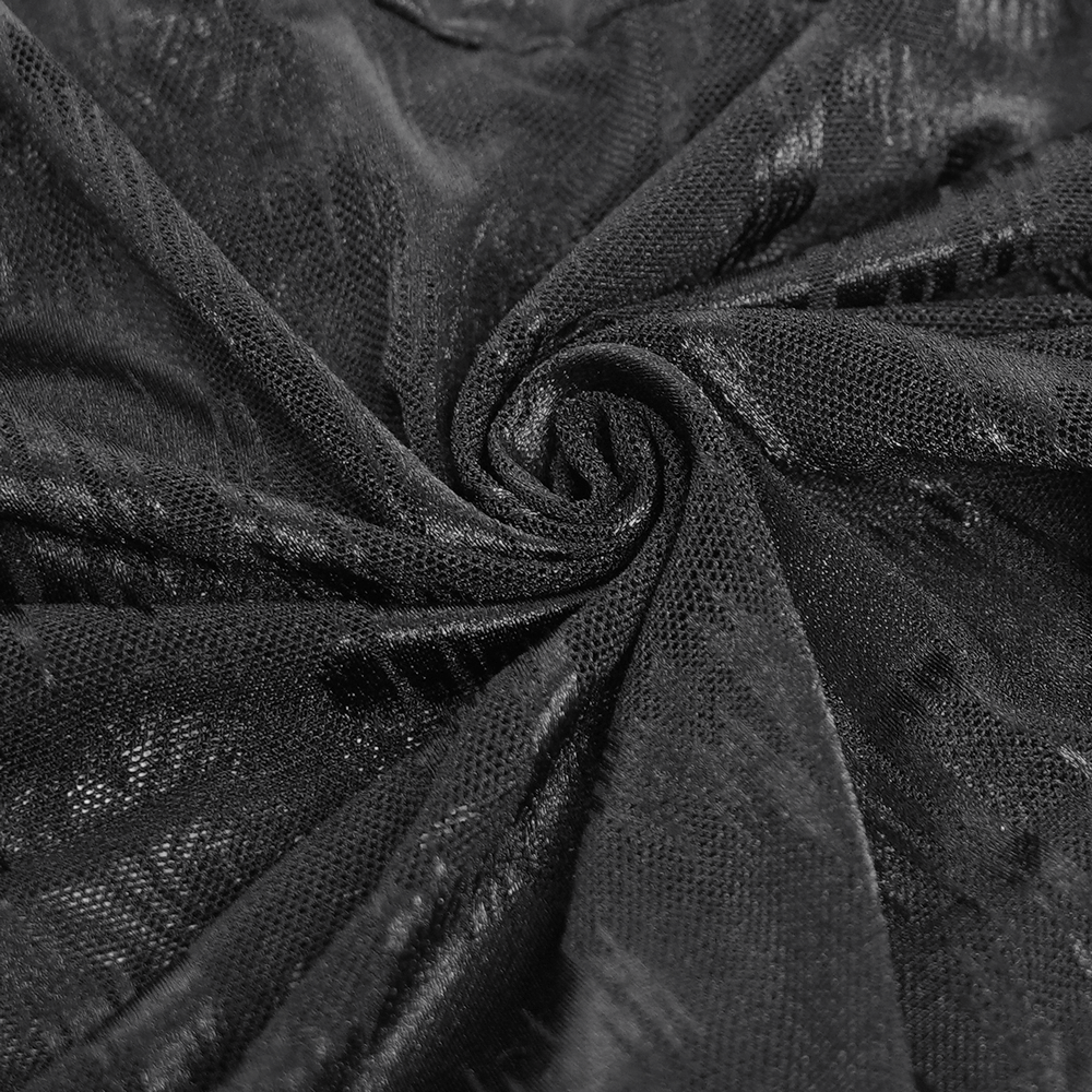 Close-up of black sheer mesh fabric, showcasing a textured design ideal for gothic streetwear styles.