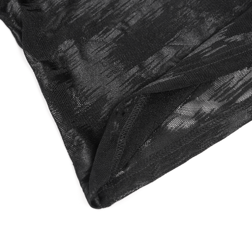 Close-up of gothic sheer black mesh fabric, showcasing a tie-dye effect and edgy texture for alternative fashion.