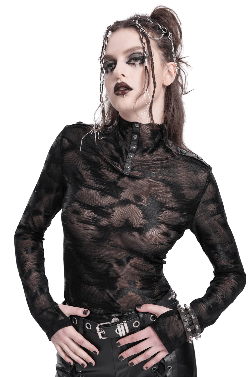 Gothic sheer mesh long sleeve top with studded collar, perfect for edgy streetwear and rebellious fashion.