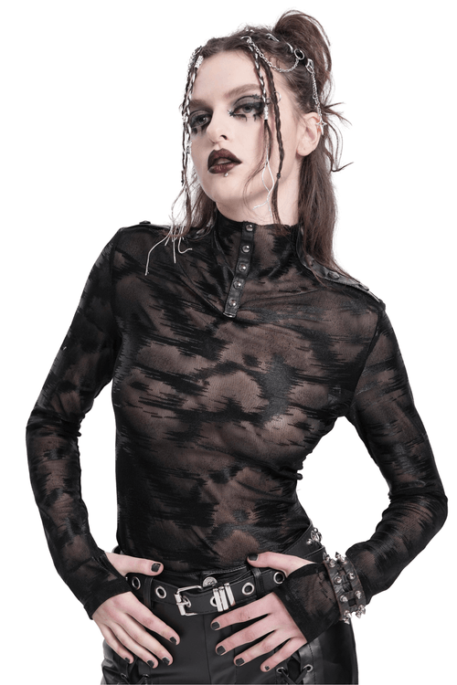 Gothic Langarm-Mesh-Top mit Nietenkragen