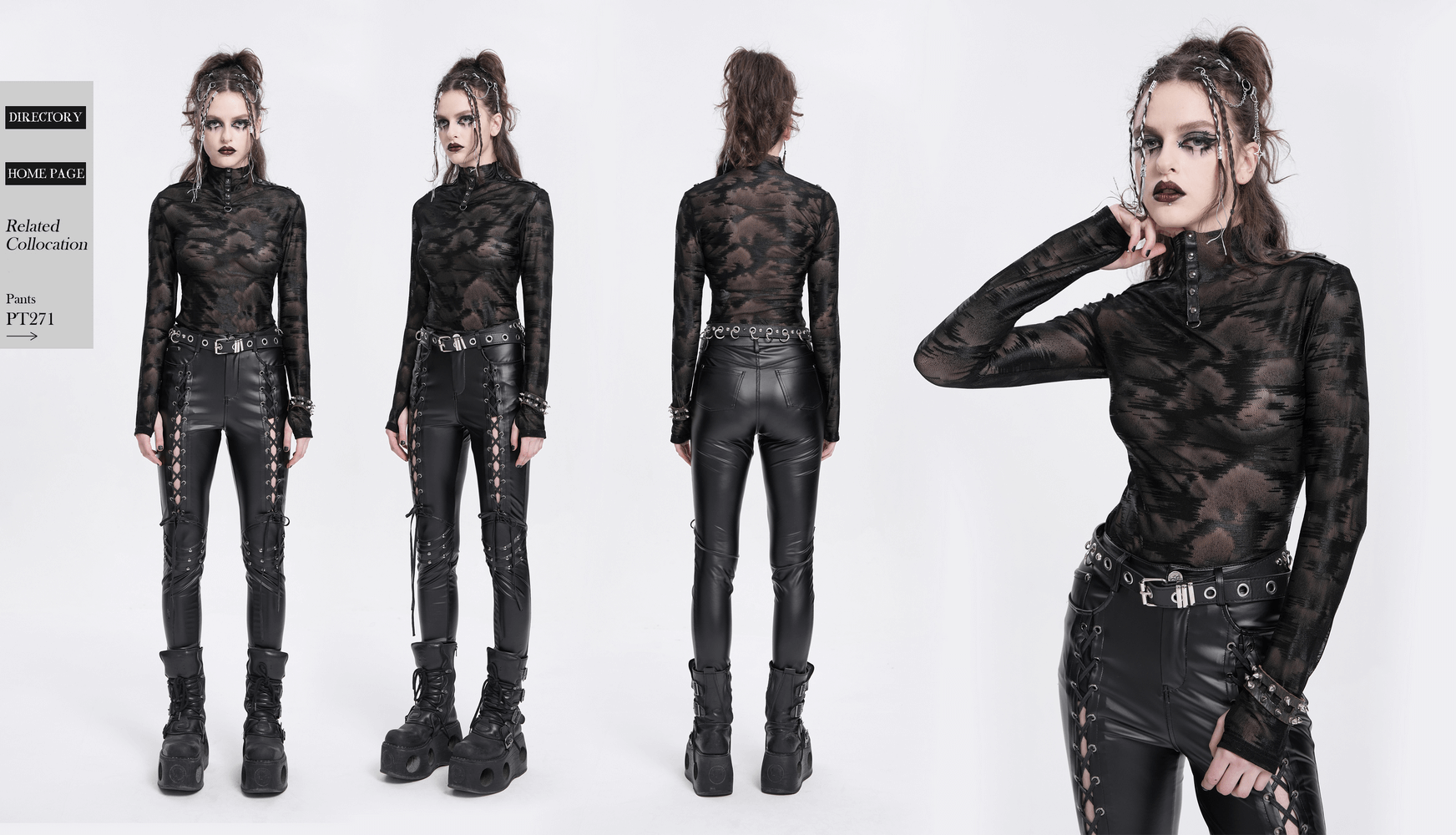 Gothic sheer long sleeve mesh top with studded collar, paired with edgy leather pants for punk streetwear.