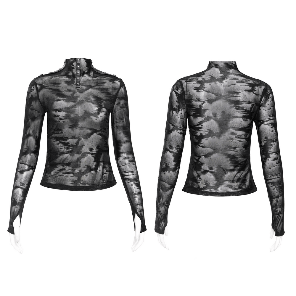 Gothic sheer long sleeve mesh top with studded collar, featuring a tie-dye effect for edgy streetwear style.