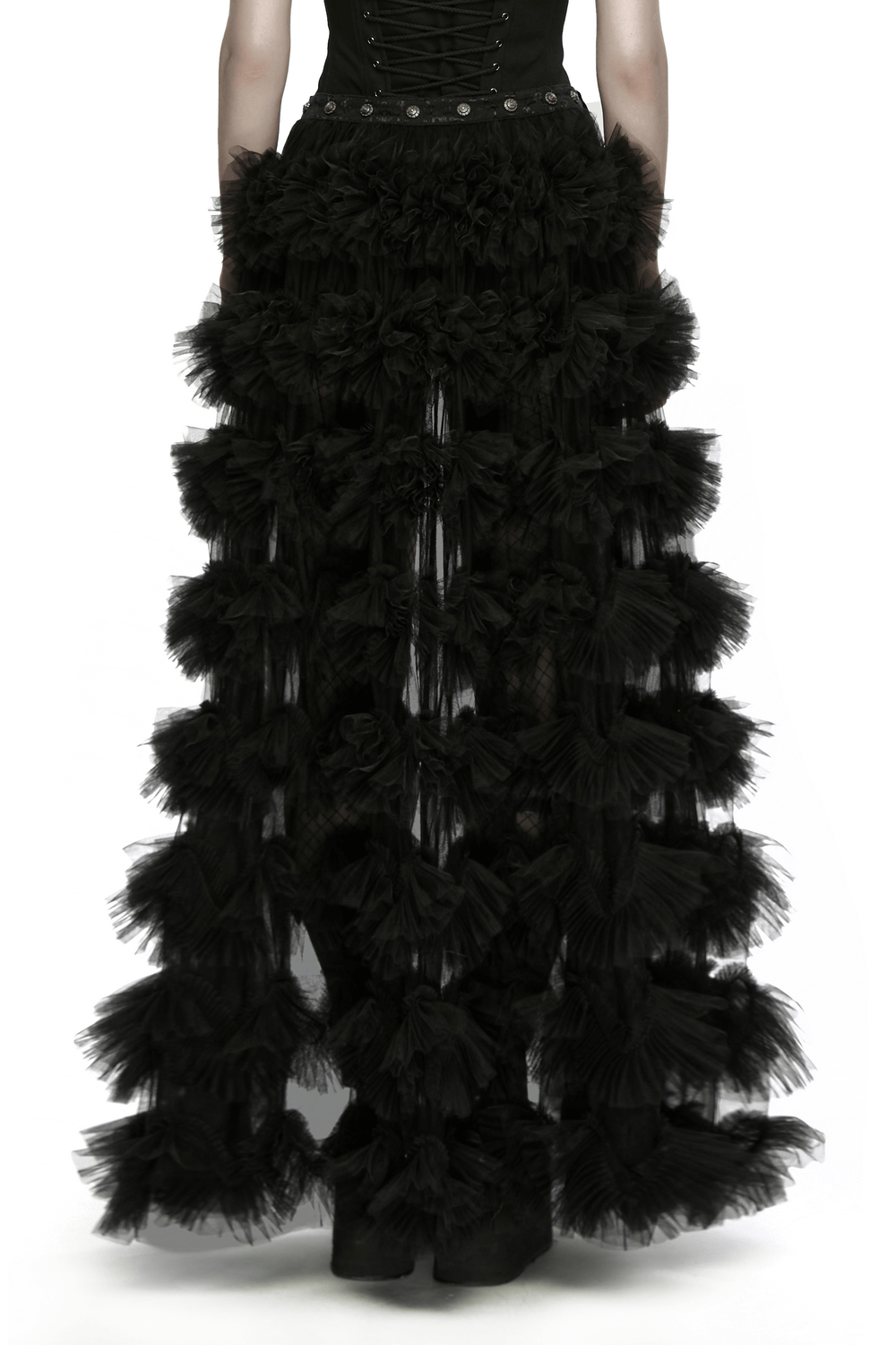 Gothic Sheer Mesh Ruffle Maxi Skirt with Layers featuring dramatic multi-layered design and wave hem.