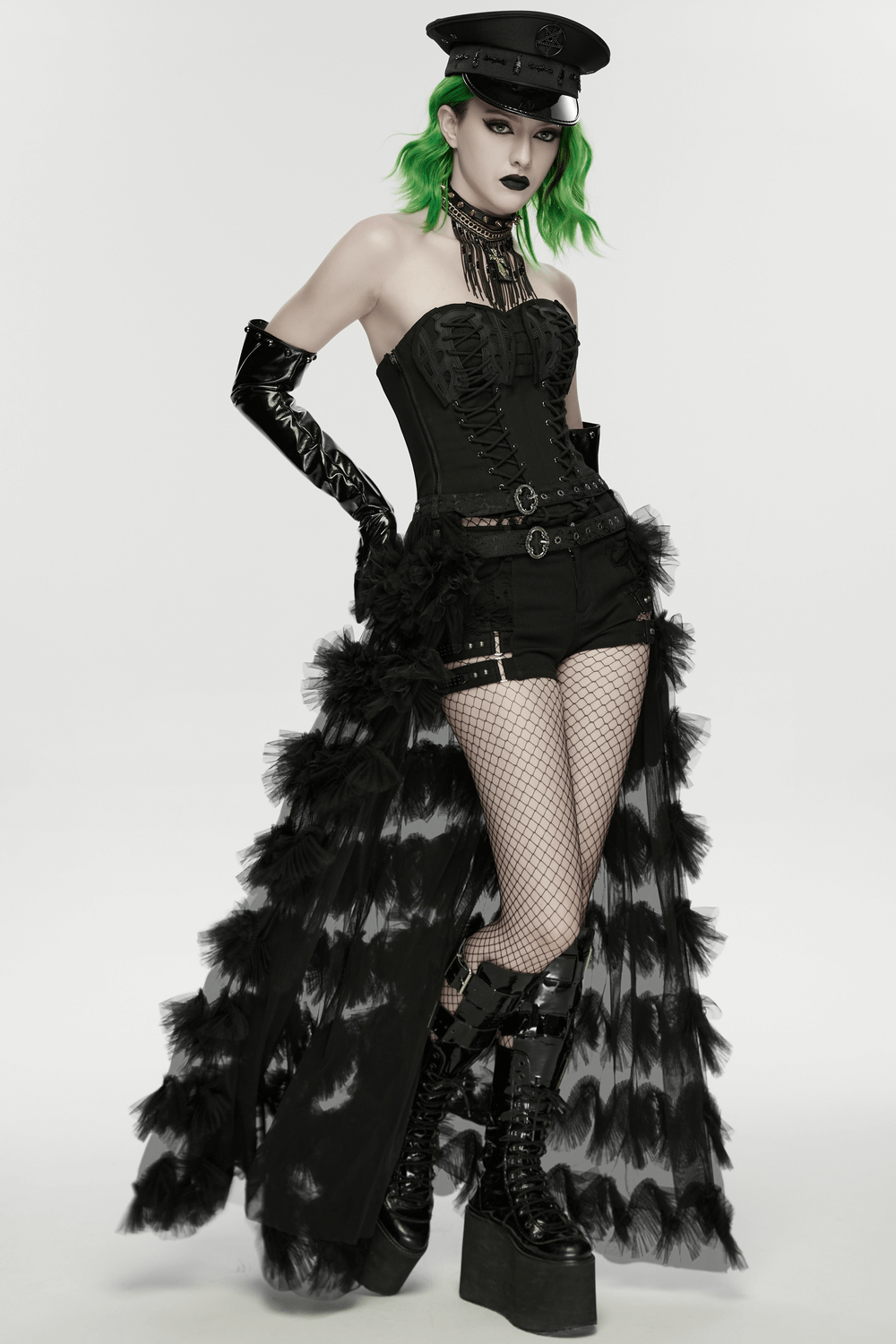 Gothic Sheer Mesh Ruffle Maxi Skirt with Layers styled with edgy accessories and dramatic makeup.
