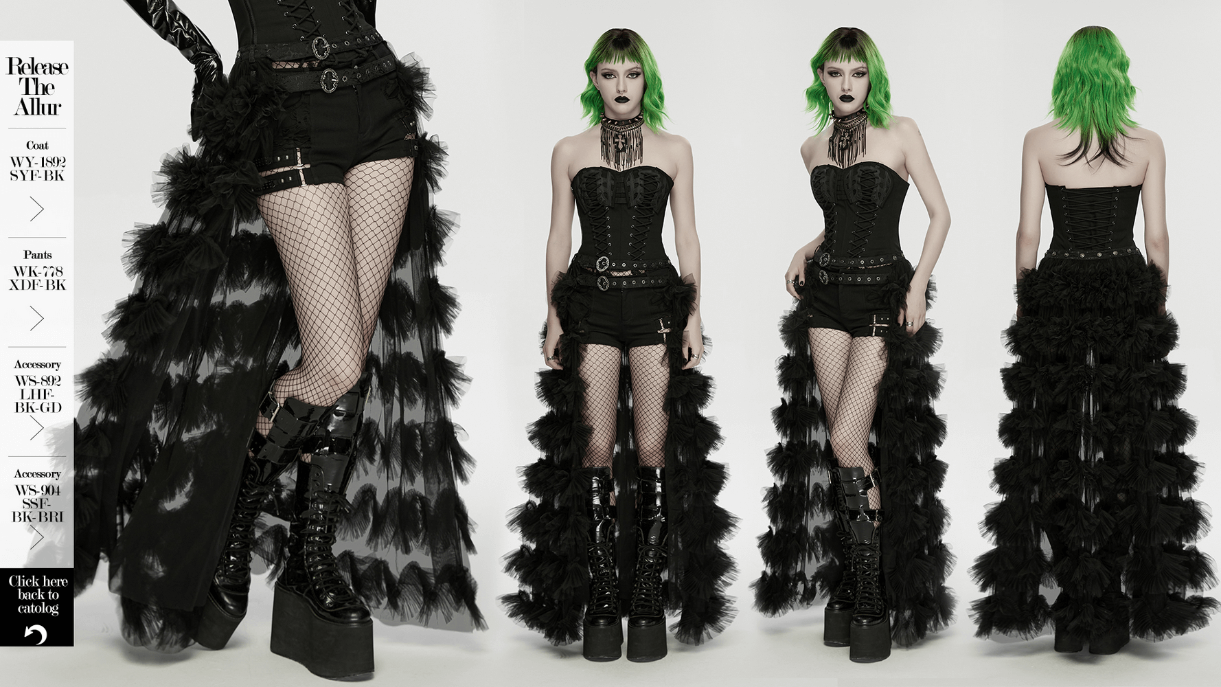 Gothic Sheer Mesh Ruffle Maxi Skirt with Layers showcased on model with green hair, fishnet stockings, and bold platform boots.