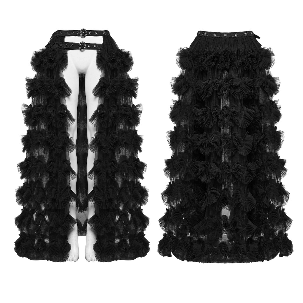 Gothic Sheer Mesh Ruffle Maxi Skirt with Layers featuring layered ruffles and elastic jacquard waistband in black.