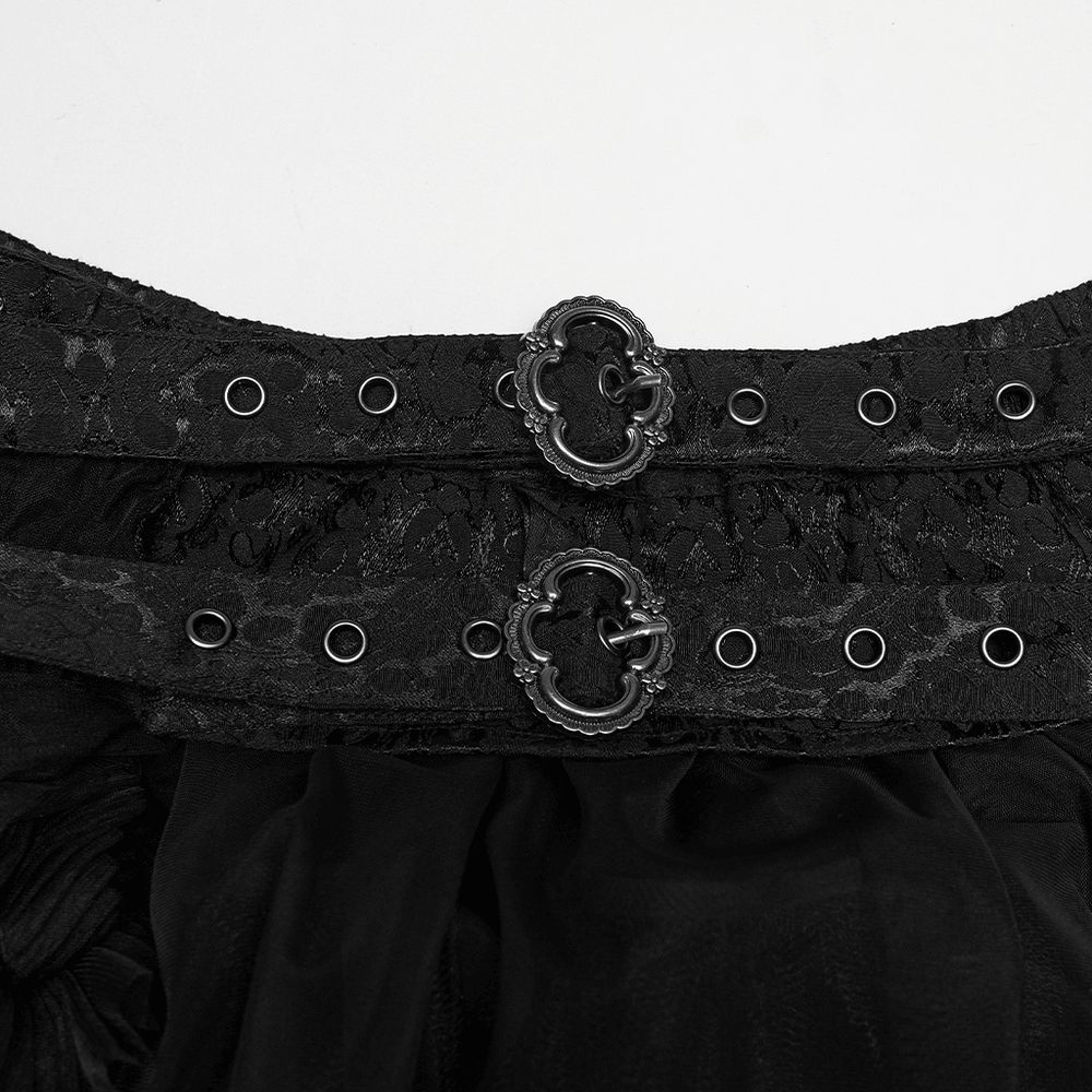 Gothic Sheer Mesh Ruffle Maxi Skirt with Layers showcasing intricate lace waistband and decorative buckles.