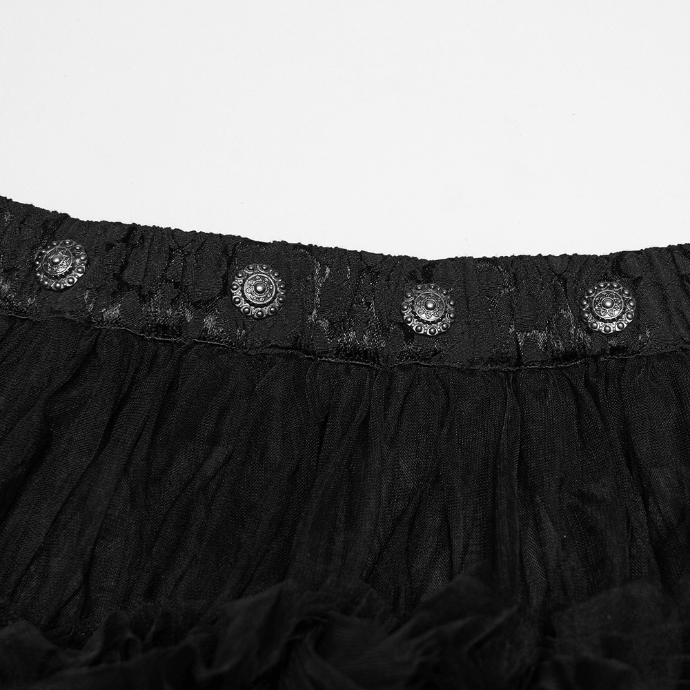 Gothic Sheer Mesh Ruffle Maxi Skirt with Layers showcasing intricate button details on the waistband.