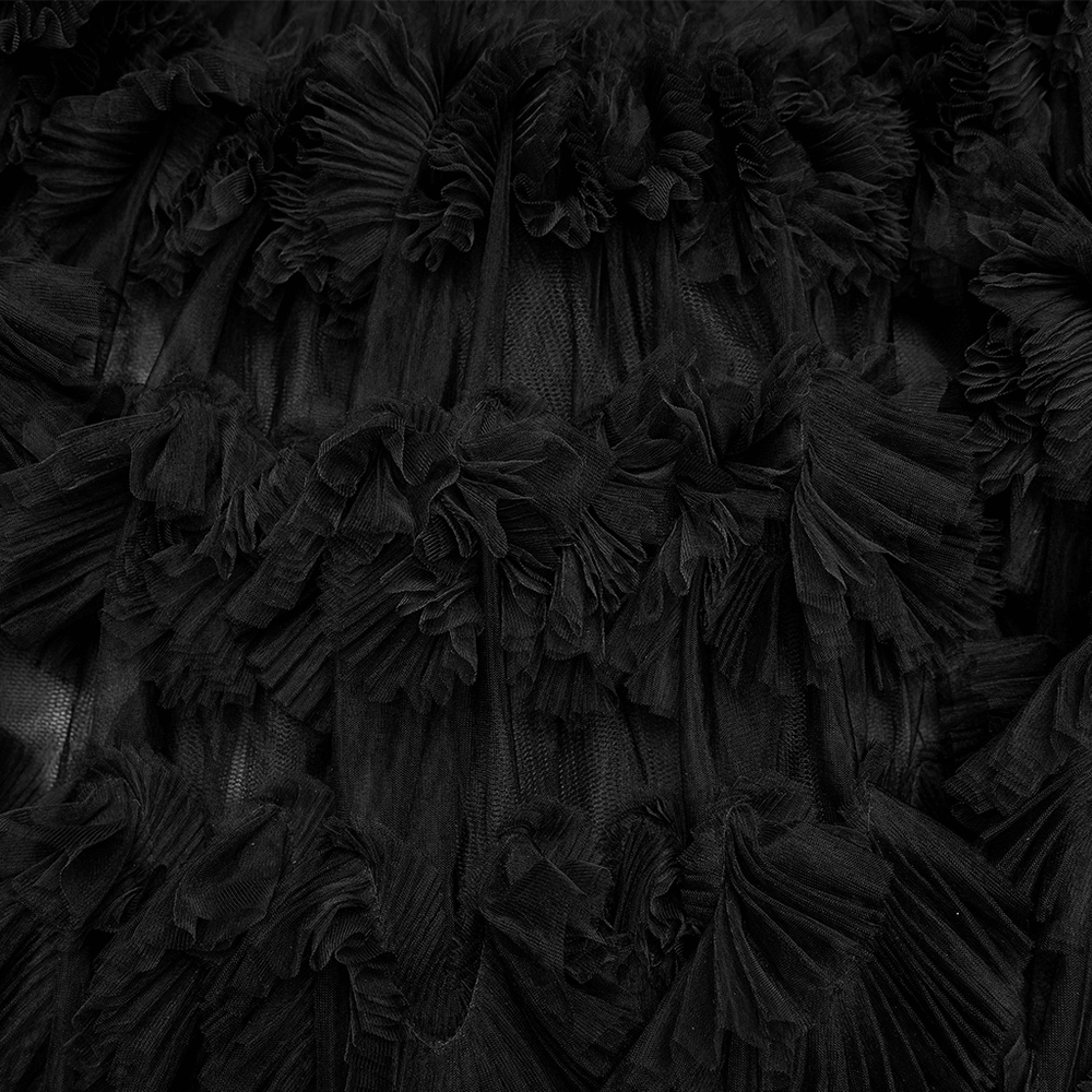 Gothic Sheer Mesh Ruffle Maxi Skirt with Layers, showcasing the dramatic black ruffles and layered design details.