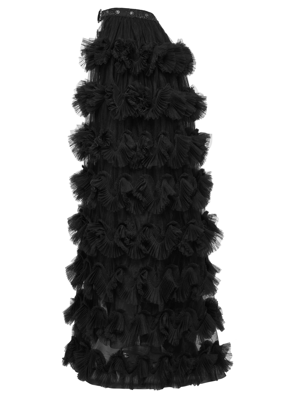 Gothic Sheer Mesh Ruffle Maxi Skirt with Layers showcasing dramatic ruffle details and multi-layer design.