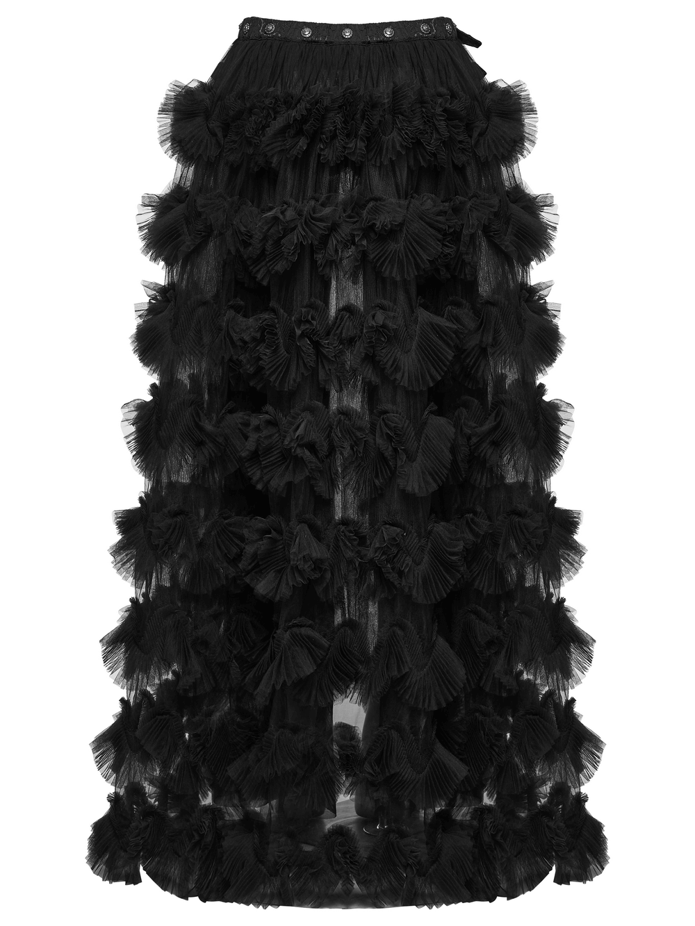 Gothic Sheer Mesh Ruffle Maxi Skirt with Layers featuring dramatic multi-layer design and wave hem.