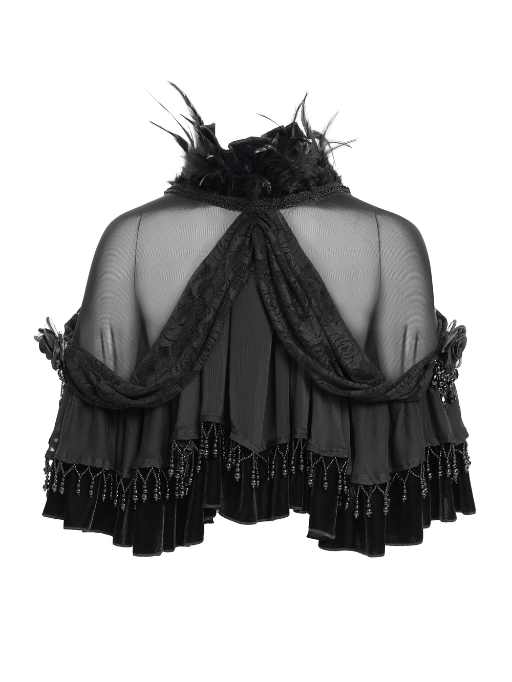 Gothic sheer mesh shrug with ruffles, feather trim, and beaded fringe in a Victorian-inspired design.