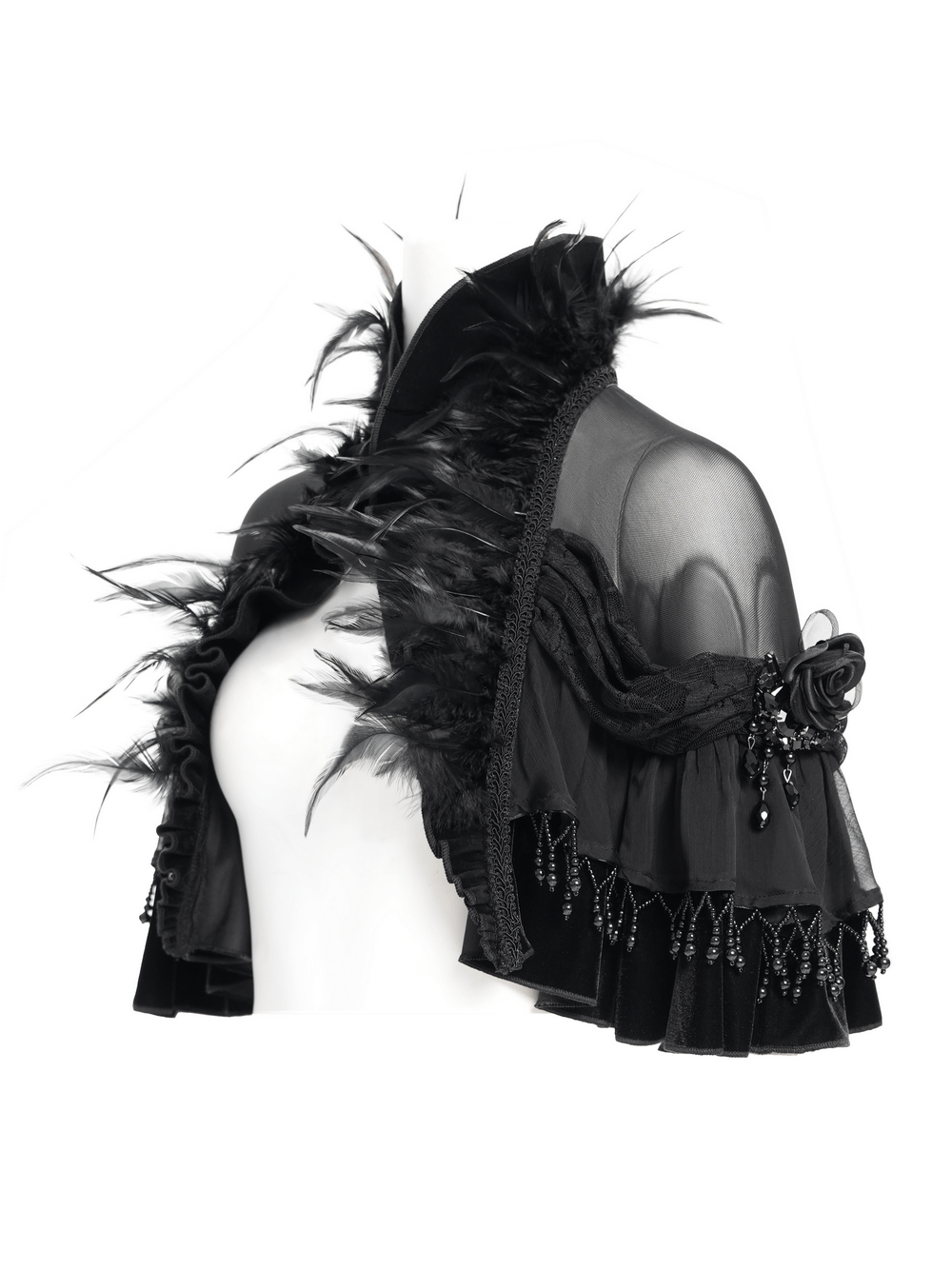 Gothic sheer mesh shrug with ruffles, feather trim, and beaded fringe for a Victorian-inspired look.