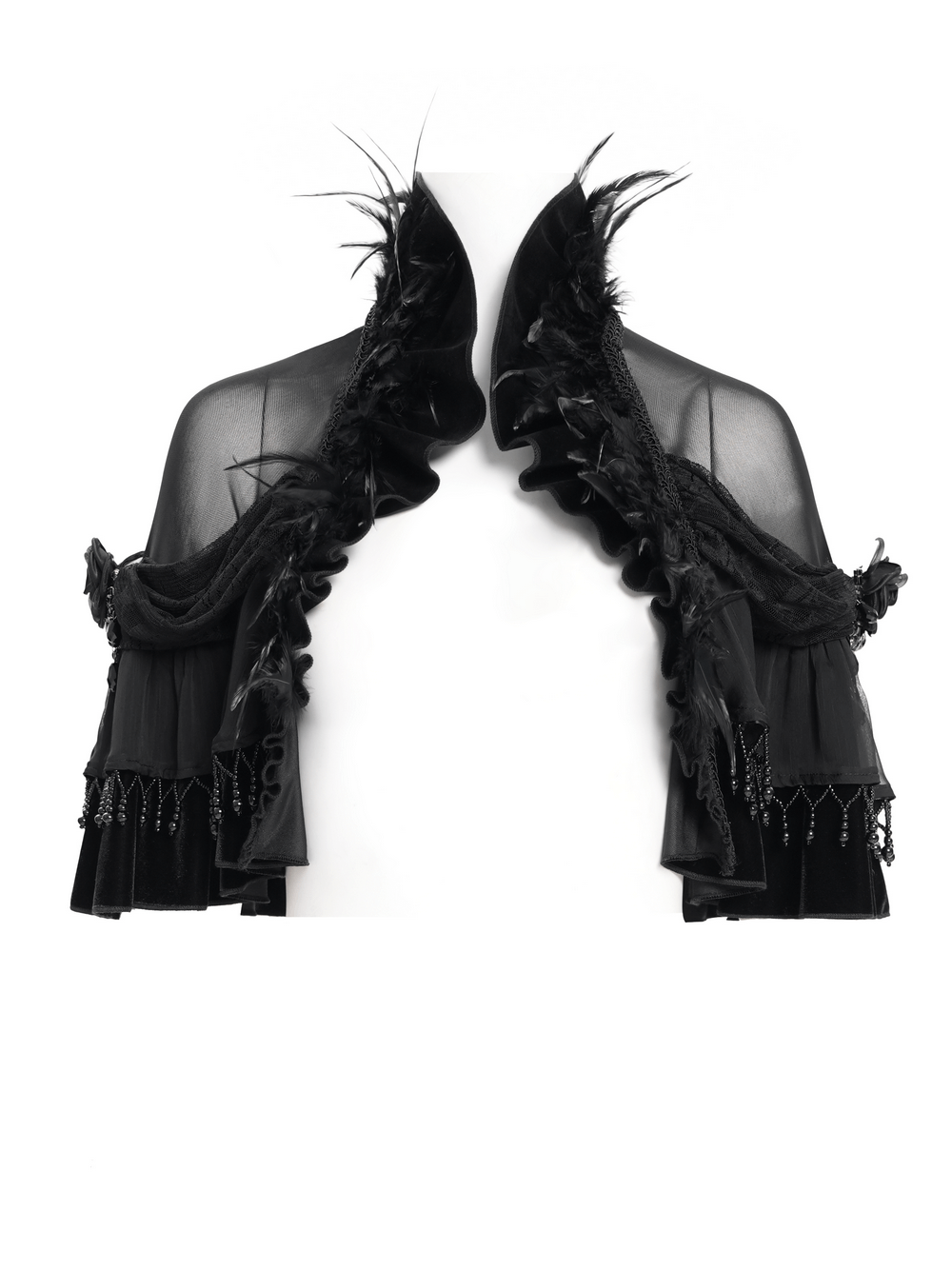 Gothic sheer mesh shrug with ruffles, feather trim, and beaded fringe for a Victorian-inspired look.