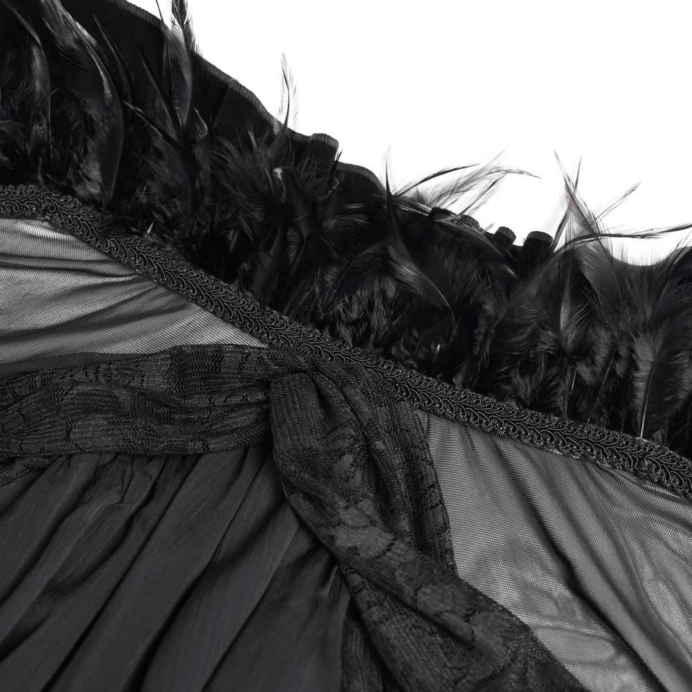 Close-up of black sheer mesh shrug with feather trim and lace detailing, perfect for gothic or Victorian-inspired fashion.
