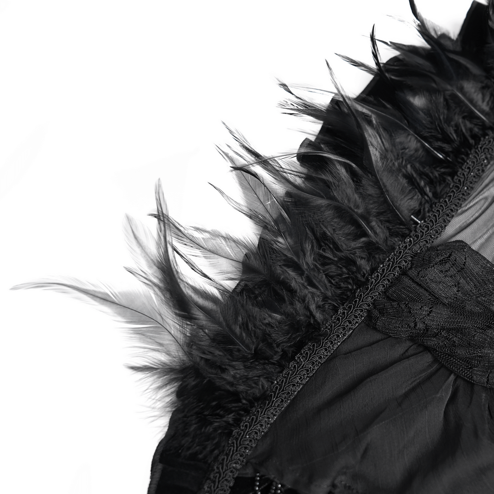 Close-up of gothic sheer mesh shrug featuring dramatic feather trim and intricate lace details.