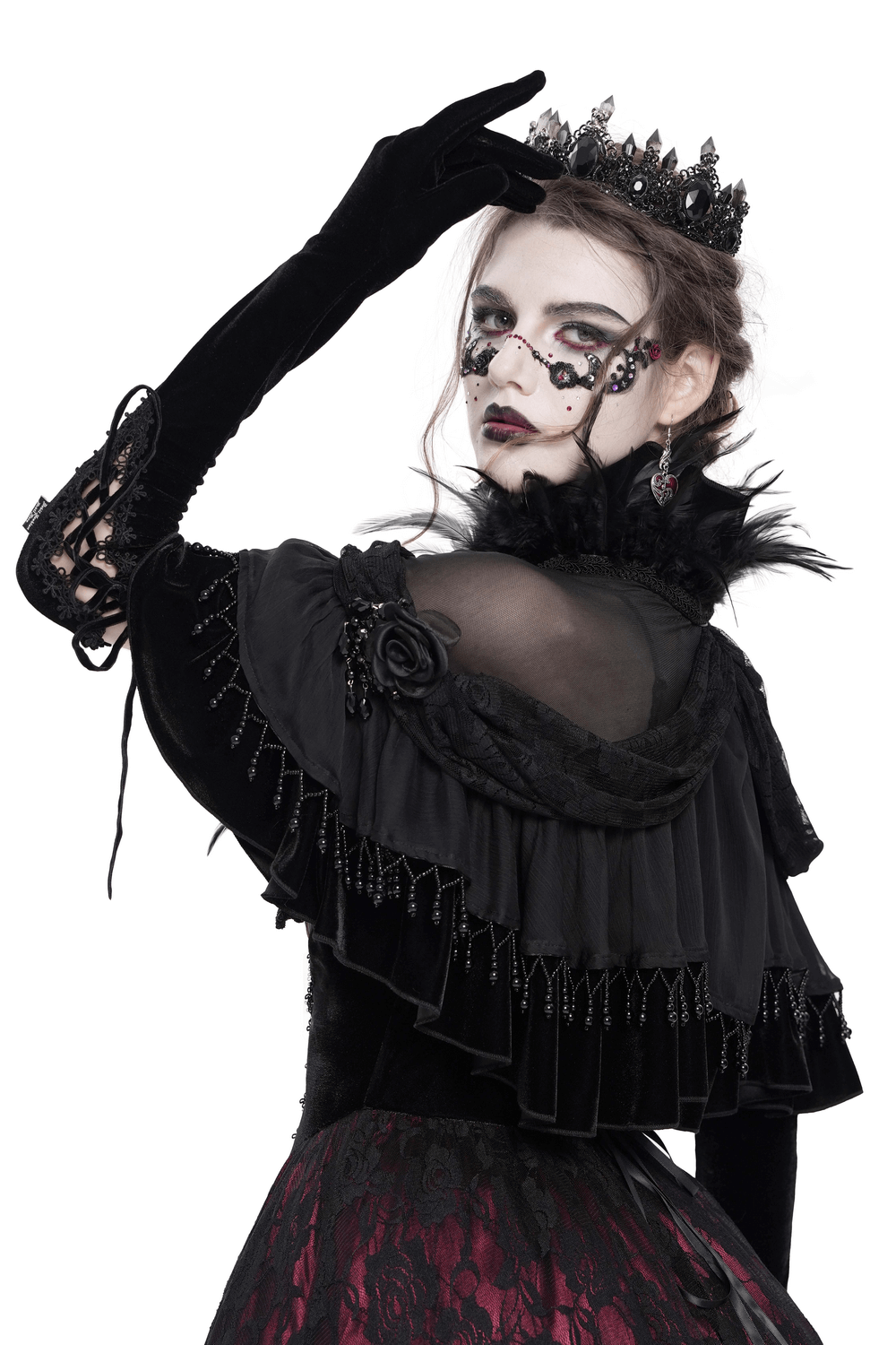 Gothic sheer mesh shrug with ruffles and feather trim, styled with Victorian elegance and dramatic accessories.