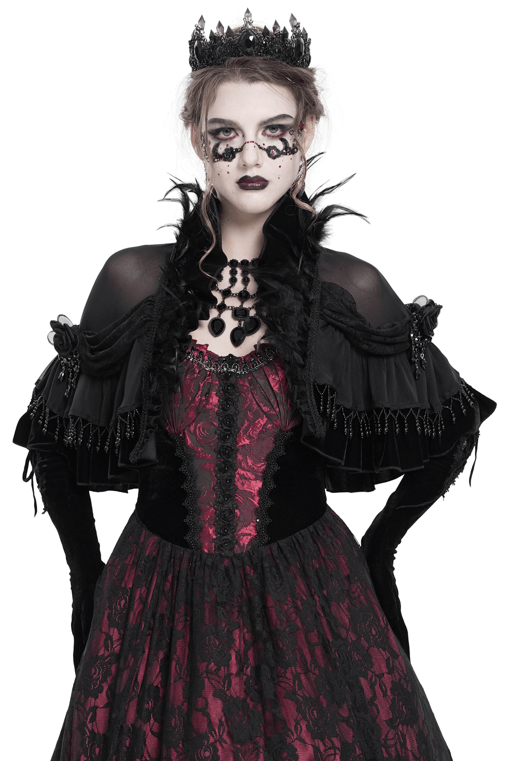 Gothic sheer mesh shrug with ruffles and feather trim, layered over a Victorian-inspired dress for a striking look.