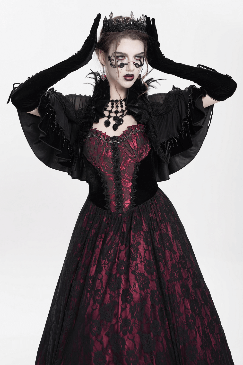 Gothic sheer mesh shrug with ruffles, feather trim, and Victorian-inspired design, perfect for alternative fashion.
