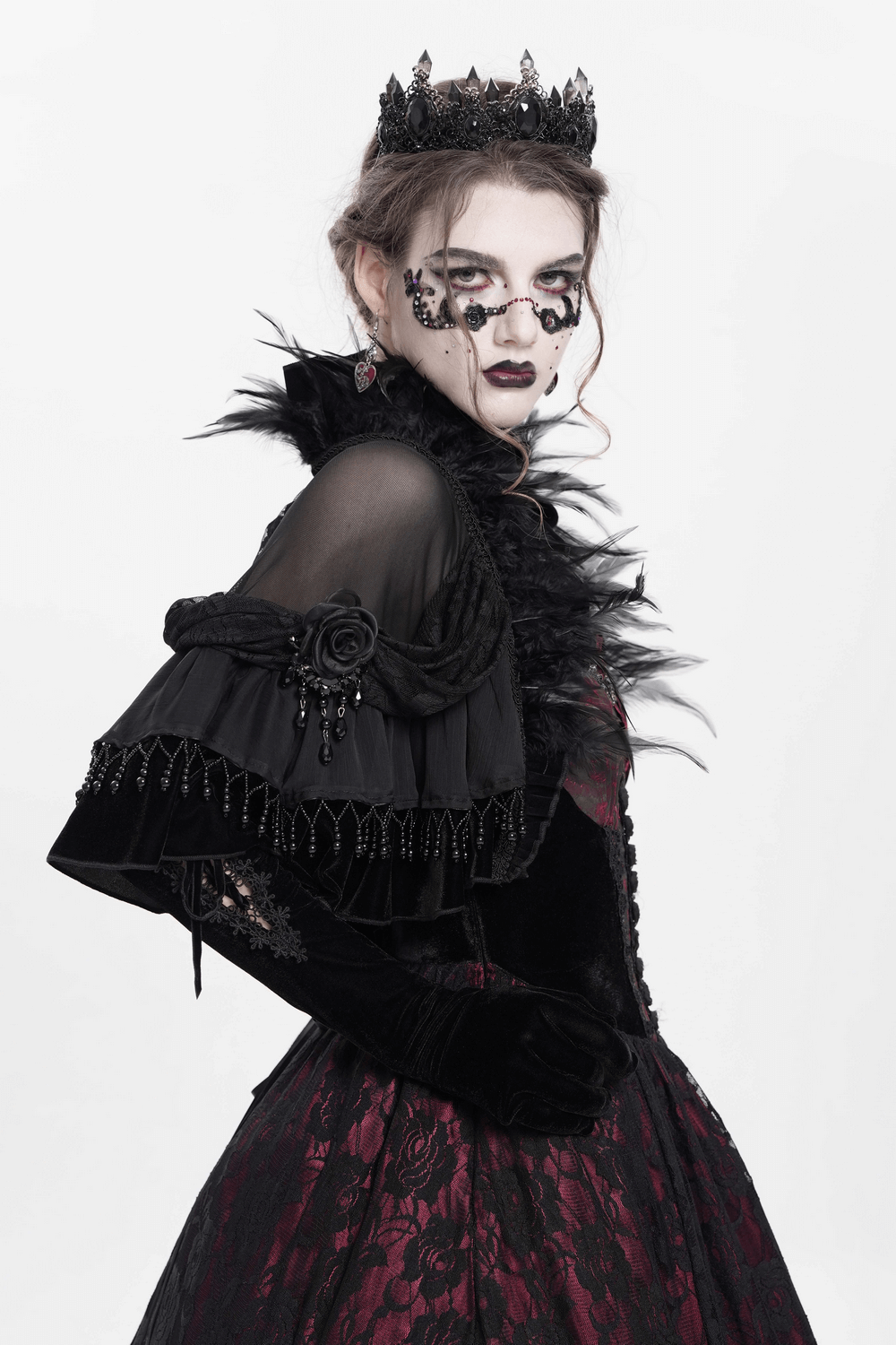 Gothic sheer mesh shrug with ruffles and feather trim in a dramatic Victorian-inspired style.