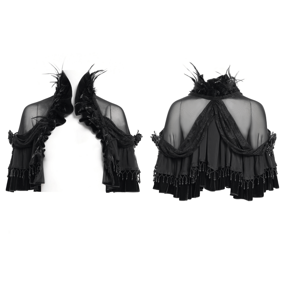 Gothic sheer mesh shrug with ruffles, feather trim, and beaded details for an elegant Victorian-inspired look.