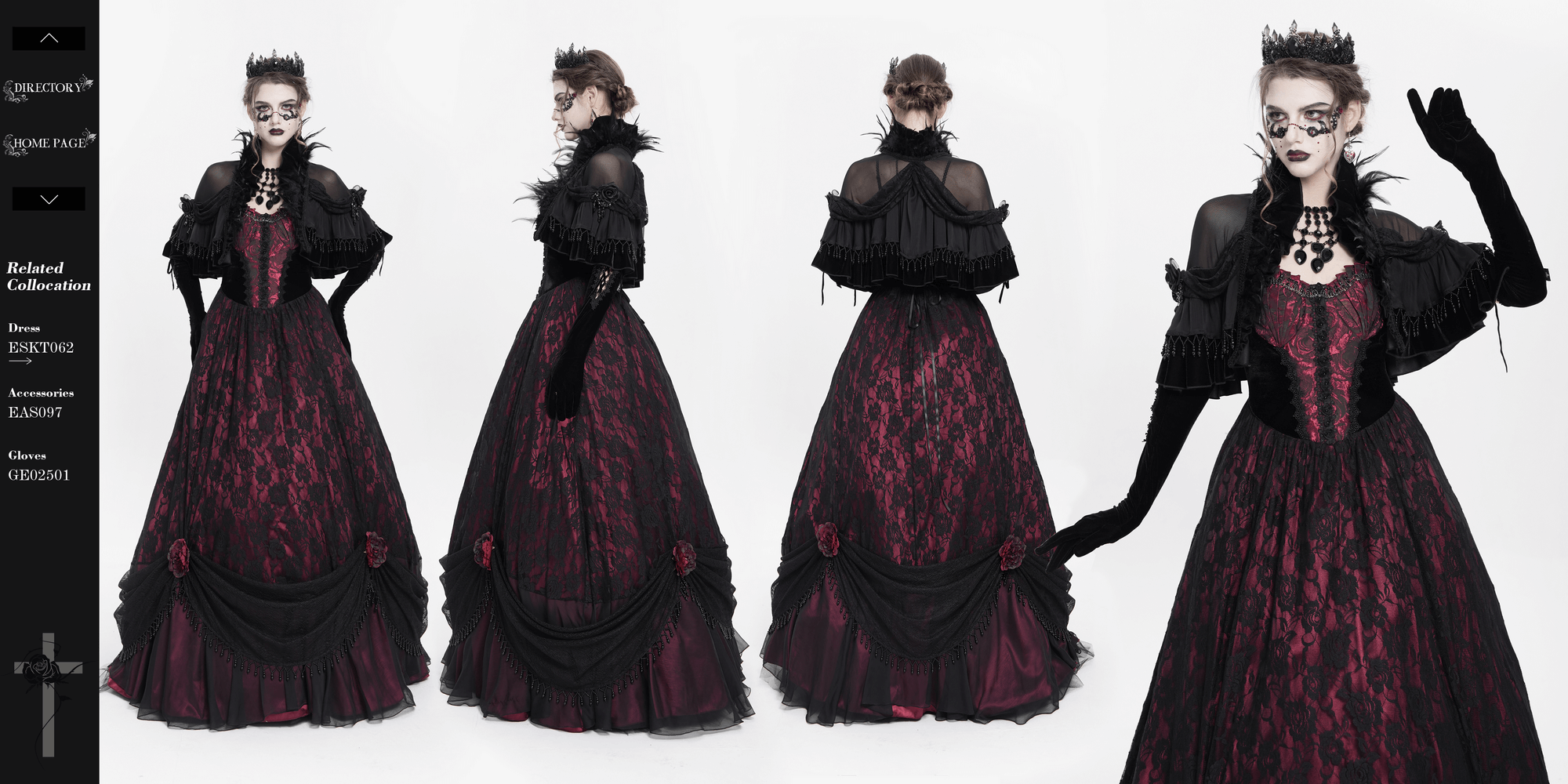 Gothic sheer mesh shrug with ruffles and feather trim over elegant Victorian-inspired gown, perfect for cosplay and alternative fashion.